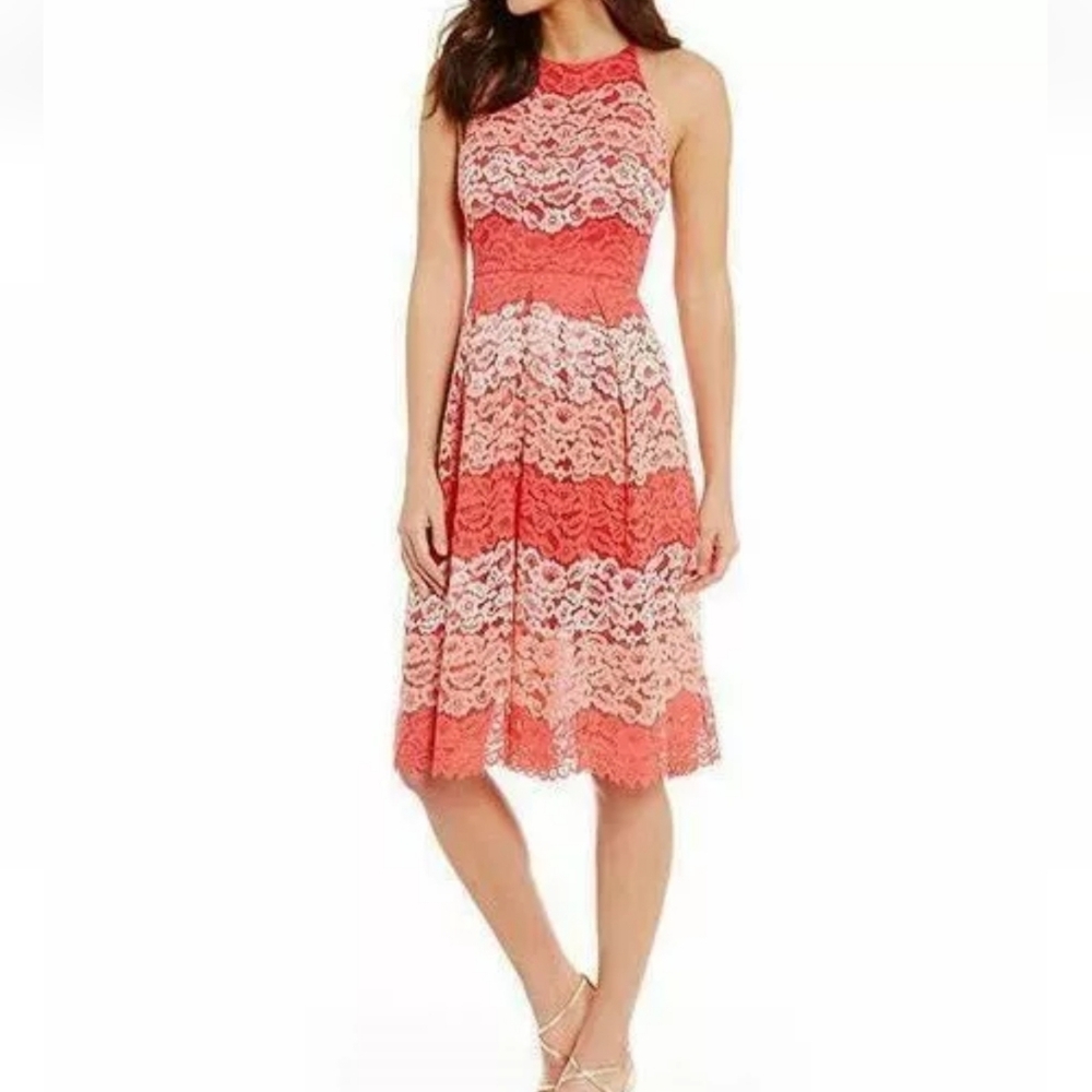 Coral and Cream Lace Halter Midi Dress